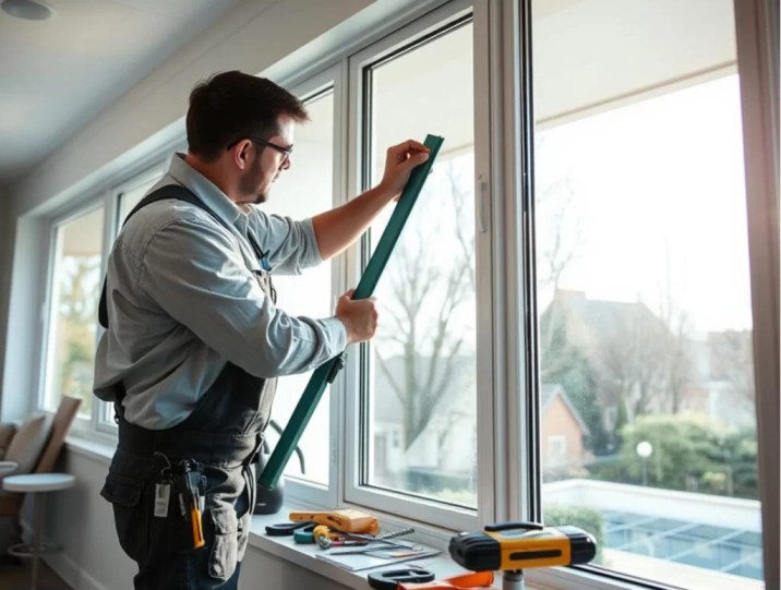 Technician performing glass window repair in Grand Junction home