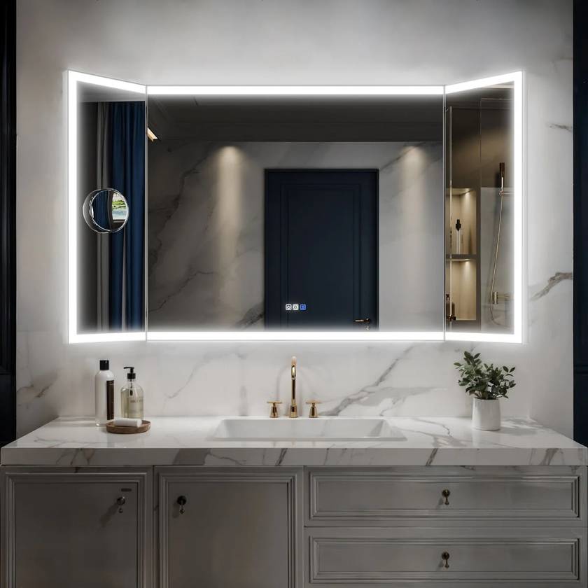 Professional installation of a custom vanity mirror in a bathroom in Grand Junction Colorado.