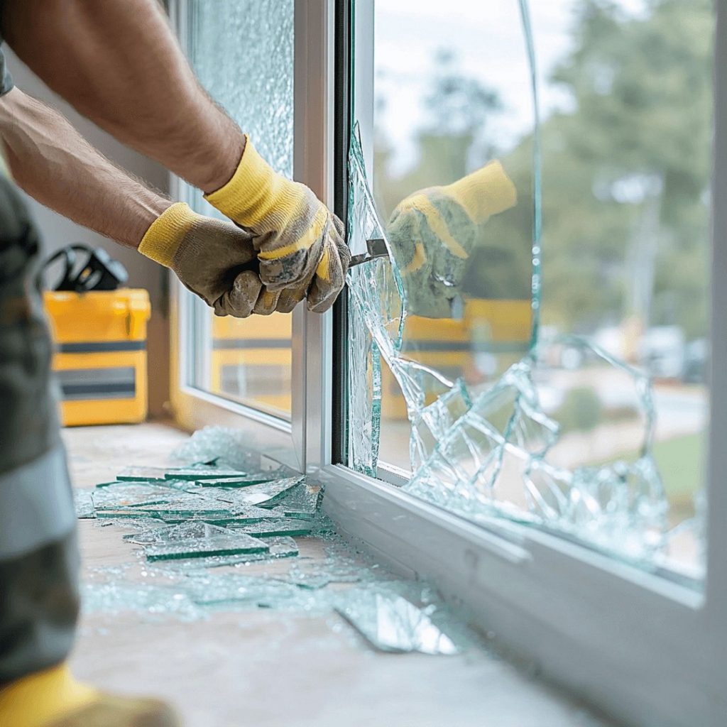 Technician performing broken window glass repair in Grand Junction