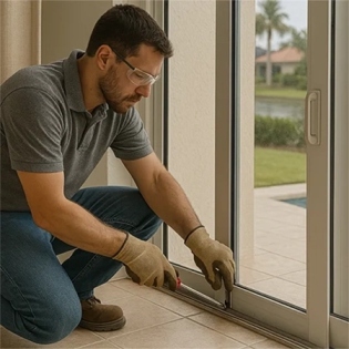 Professional technician repairing a commercial aluminum and glass door in Rifle, Colorado.