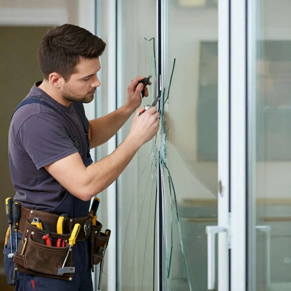 Professional technician repairing a commercial glass and aluminum door in Glenwood Springs Colorado.