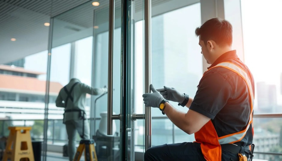 Professional technician repairing a commercial glass and aluminum door in Grand Junction, Colorado.