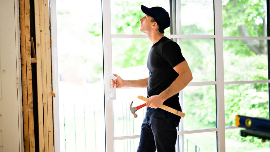 Professional technician repairing a commercial glass and aluminum door in Rifle Colorado.