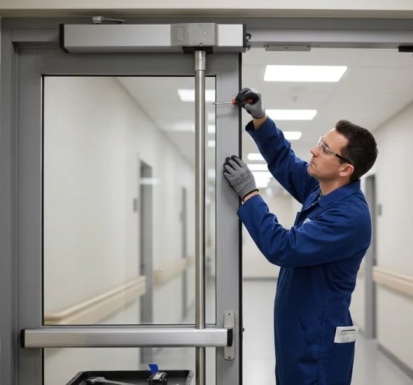 Technician repairing a commercial door closer on a storefront door in Grand Junction, Colorado.
