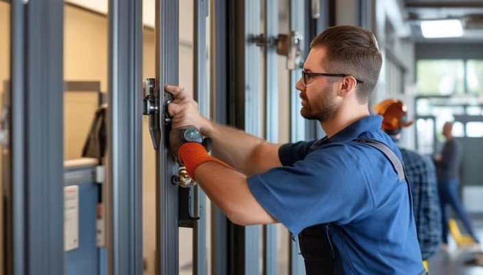 Technician repairing a push bar on a commercial door in Grand Junction