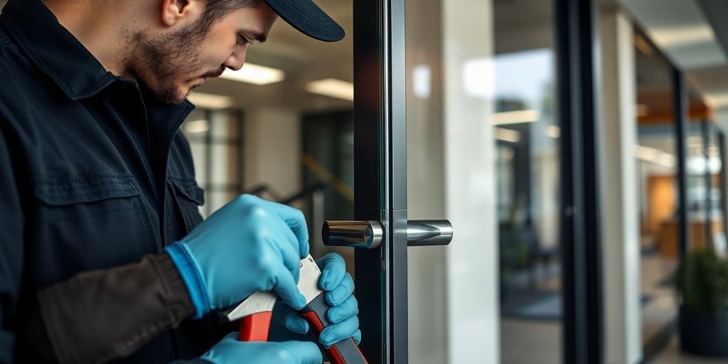 Technician installing or repairing commercial door and hardware in Grand Junction