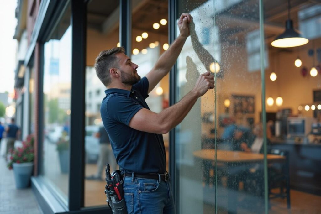 Technician replacing commercial glass storefront in Grand Junction