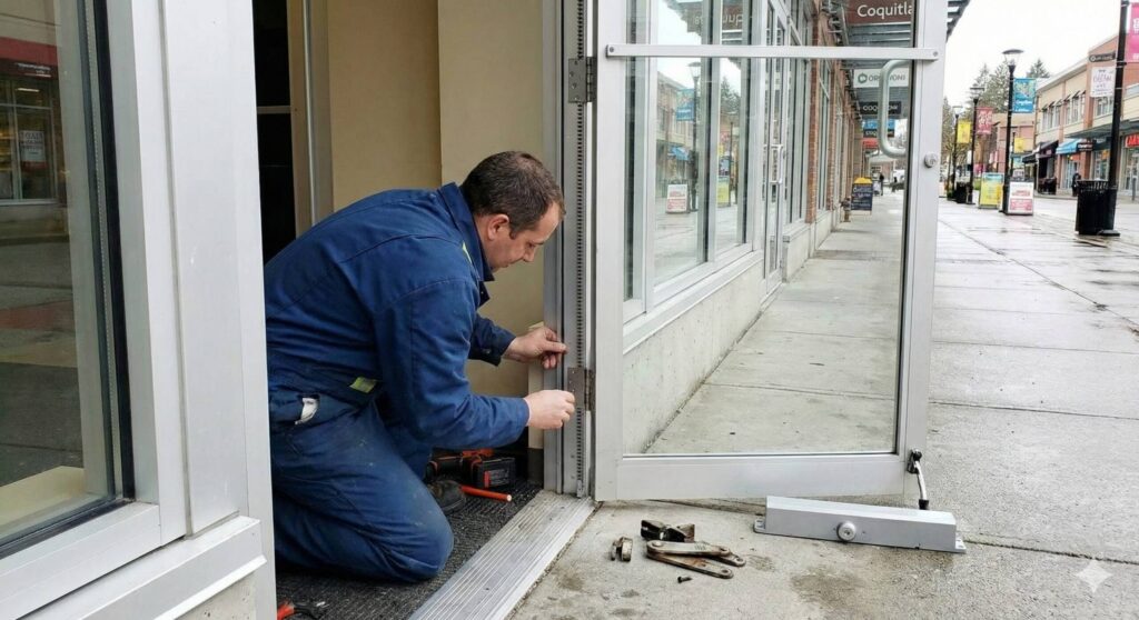 Technician repairing a commercial door dragging on floor in Grand Junction