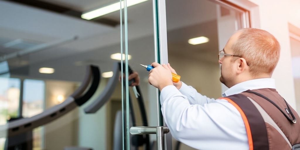Technician repairing a hard-to-open commercial storefront door in Grand Junction