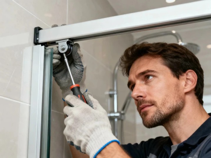 Professional technician repairing a dragging glass shower door in Grand Junction, Colorado.