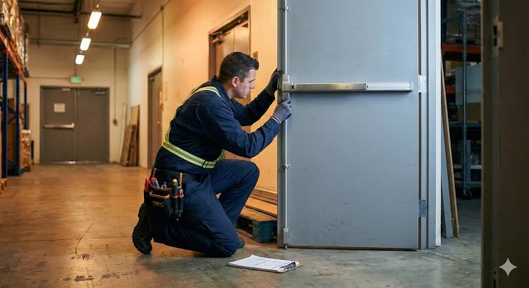 Technician repairing a commercial door dragging on the floor at a business in Grand Junction, Colorado.