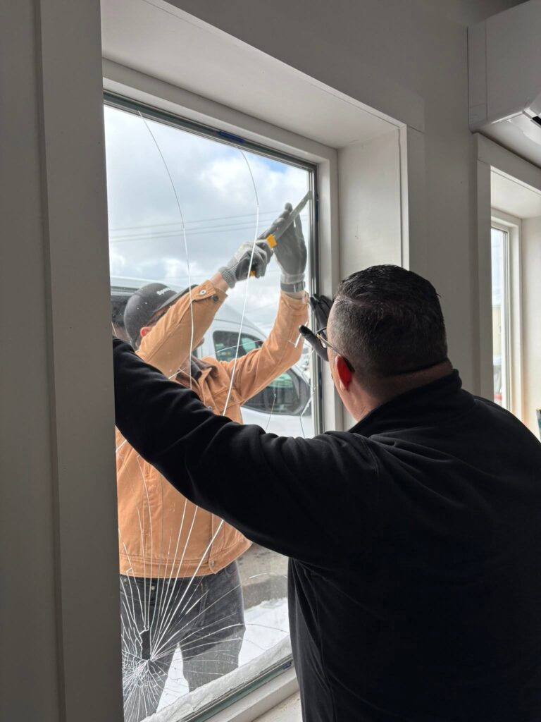 Professional technician replacing broken glass in a commercial door in Glenwood Springs, Colorado.