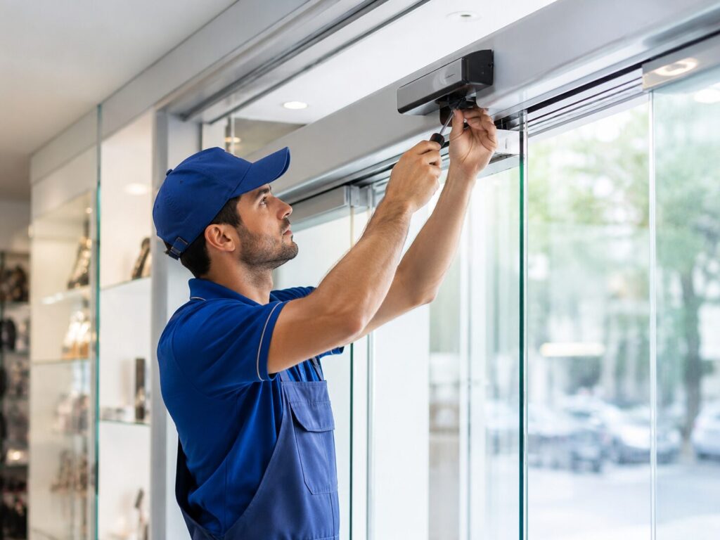 Technician inspecting an automatic commercial door that will not open in Glenwood Springs, Colorado.