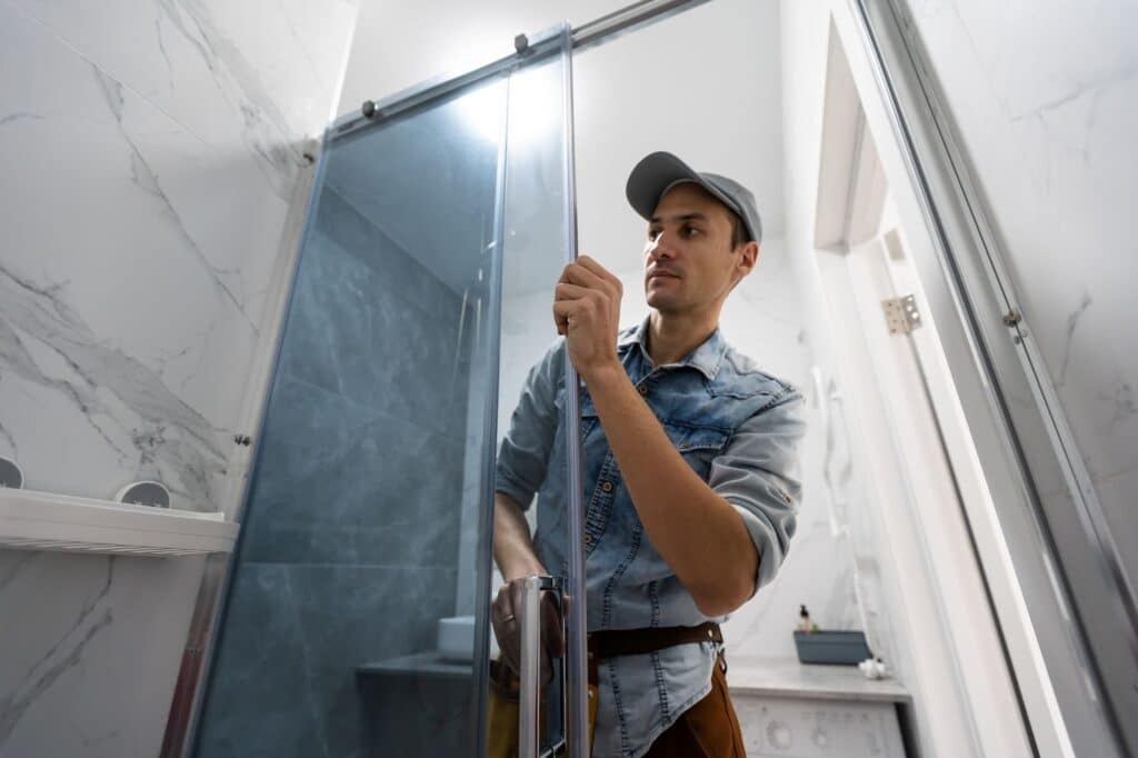 Technician adjusting a scraping glass shower door in a Glenwood Springs, Colorado bathroom.