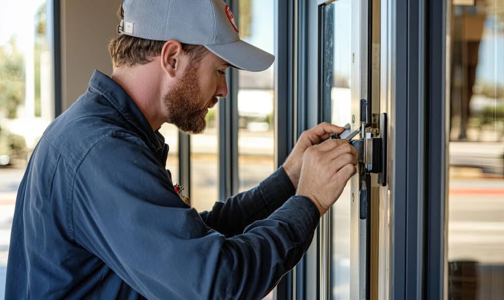 Professional door technician repairing a commercial storefront door in Glenwood Springs, Colorado.