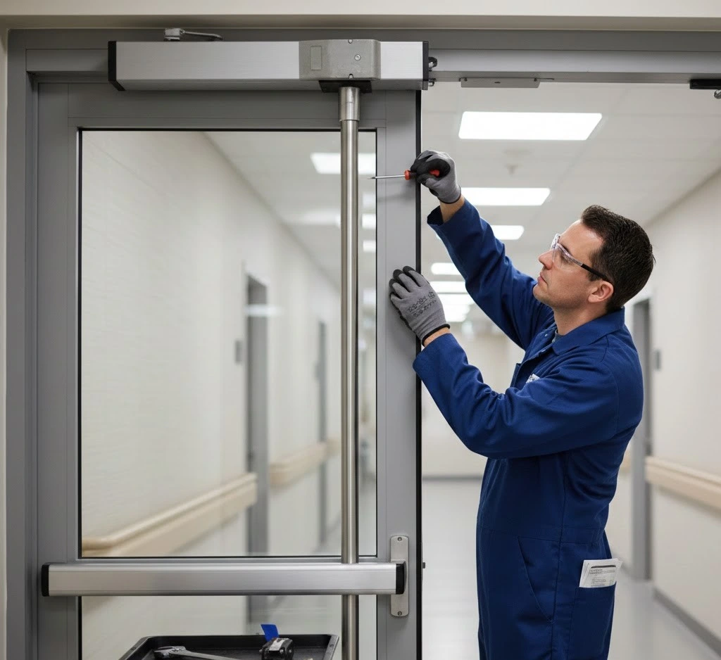 Professional technician repairing a commercial glass door in Grand Junction, Colorado.
