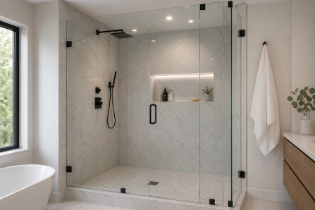 Custom glass shower enclosure professionally installed in a Grand Junction, Colorado bathroom.