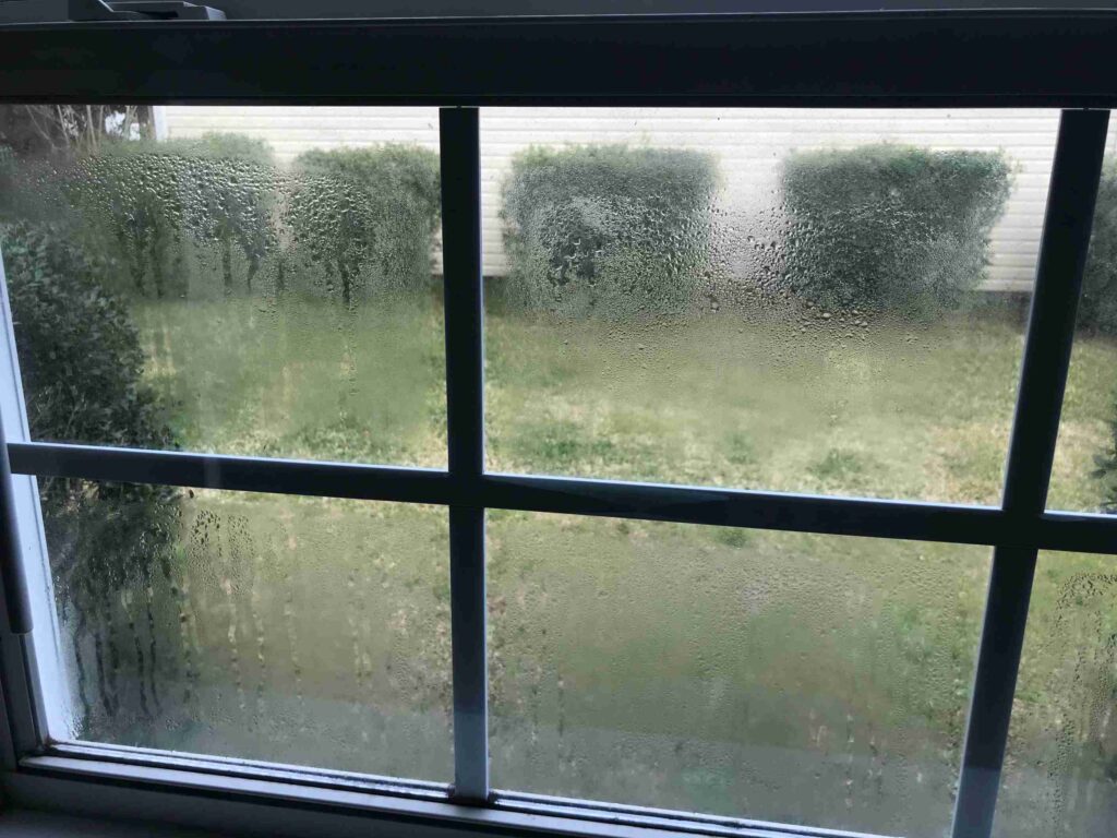 Foggy double-pane window with condensation trapped between glass panes in a Grand Junction, Colorado home.