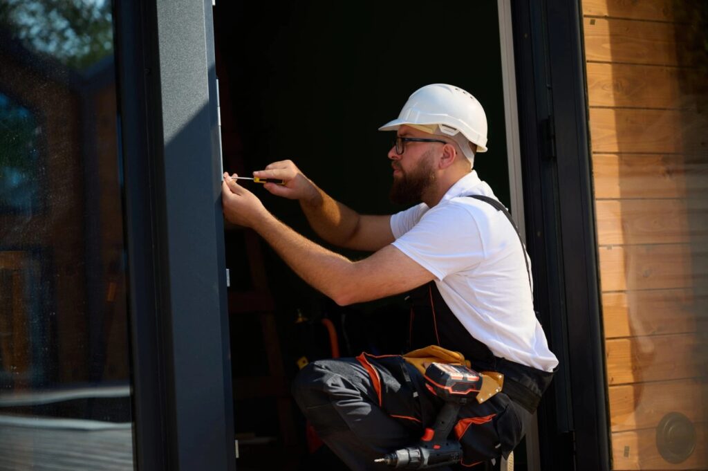 Technician repairing a dragging commercial glass door in Glenwood Springs, Colorado.