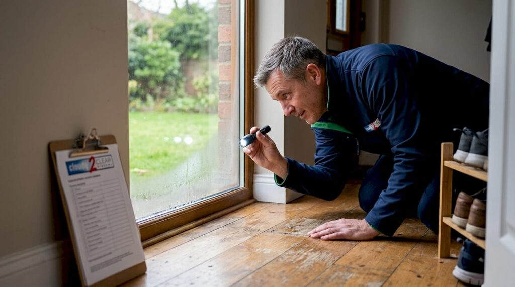 Professional technician inspecting a foggy double-pane window in Grand Junction, Colorado.